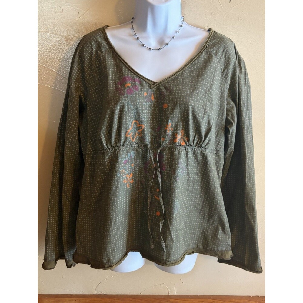 Bob Timberlake Green Cotton Floral Blouse, V-Neck Long Sleeve, Size L